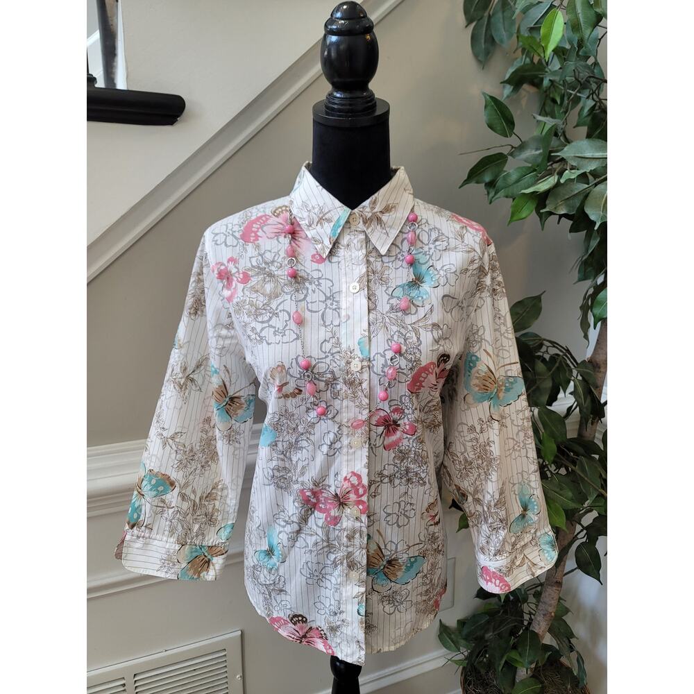 Alfred Dunner Blouse Women's Size XL Butterfly Floral Button Front 3/4 Sleeve